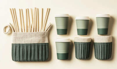 Eco-friendly travel cups and reusable straws artfully arranged, promoting sustainable lifestyle and conscious modern living