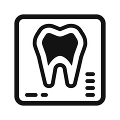 A black and white dental X-ray icon featuring a tooth inside a square frame representing dental examination and diagnostics.