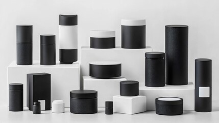 Assorted Black and White Jars in Various Shapes and Sizes on White Background