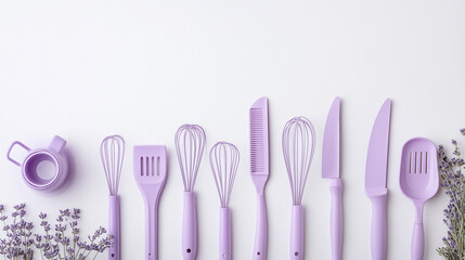 Soft lavender kitchen gadgets featuring peelers and whisks, arranged stylishly to inspire modern culinary creativity