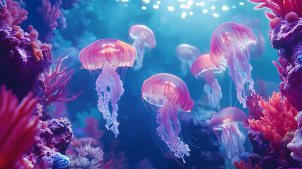 surreal underwater luminous jellyfish