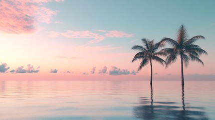 Two Palm Trees Stand in Peaceful Sunset Ocean