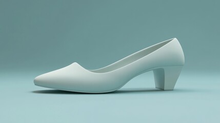 Elegant, light gray, pointed-toe high-heeled shoe on a light teal background.