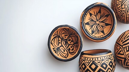 Handcrafted Clay Bowls with Intricate Black Designs on Earthy Background