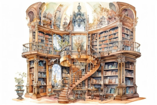 old wooden library., watercolor style, Generative AI