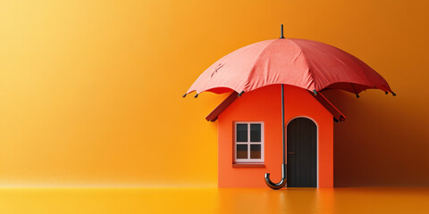 Protecting your home umbrella over orange house visual art modern design bright background creative perspective