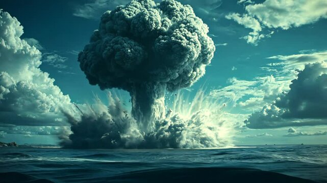 Massive explosion creates a towering mushroom cloud over the ocean during a nuclear test in a remote location