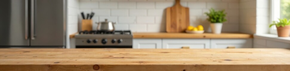 Empty wooden kitchen counter, soft focus background, wood, interior