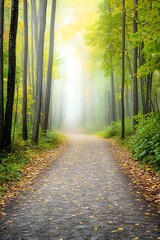 Obraz premium Serene Forest Pathway Through Mist in Autumn Colors and Light