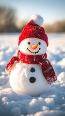 Obraz premium A cheerful snowman wearing a red hat and scarf stands on a snowy landscape.