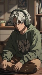 Obraz premium Focused young male in green hoodie with headphones, immersed in digital music creation.