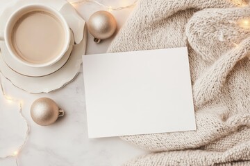 Blank card mockup with coffee, ornaments, and cozy sweater on marble