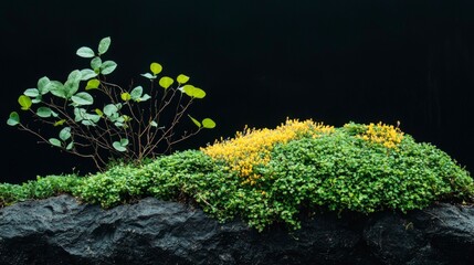 Lush Green   Yellow Plants on Dark Rock  Nature Backdrop  Botanical Photography