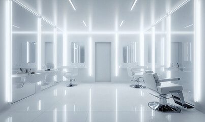 Barber shop with clean white lighting showcasing sharp, precise tools for a professional grooming experience