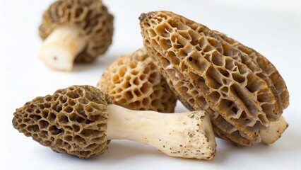 Morel mushrooms with honeycomb texture isolated on white background