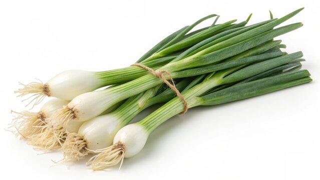 fresh green onions on white background
