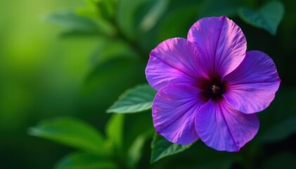 Close-up vibrant purple petals, lush green foliage, texture, blossom