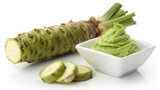 Wasabi root and wasabi paste isolated on white background