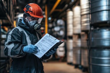Worker Reviews Industrial Safety Documents in Factory Setting with Protective Gear