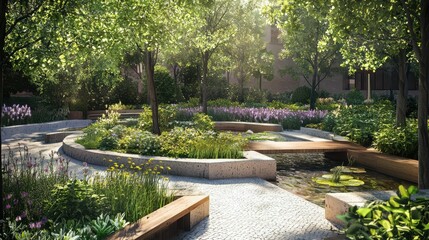 Tranquil Healing Garden with Therapeutic Elements in Hospital Setting