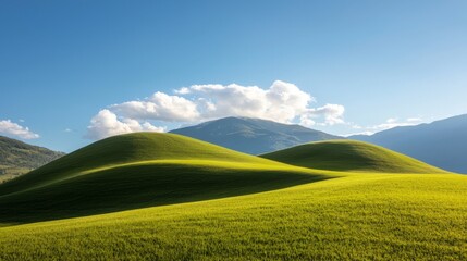 Serene Rolling Hills Landscape  Green Meadows  Blue Sky  Mountain View
