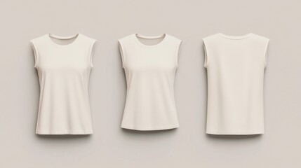Three Cream Sleeveless Shirts Front and Back Mockups on Neutral Background
