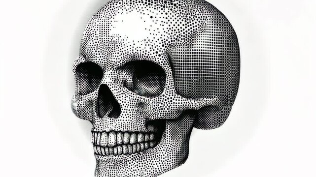 Detailed illustration of a human skull showcasing intricate dot work and shading techniques in a monochromatic design
