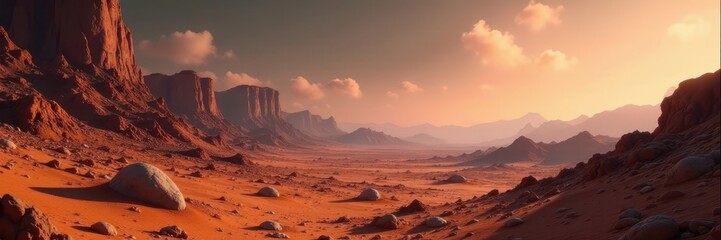 Naklejka premium Advanced Martian habitat, sleek technology meets rugged terrain , sustainable, red, modern