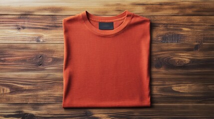 Folded Orange Textured T Shirt Displayed on Rustic Wood Table Flat Lay