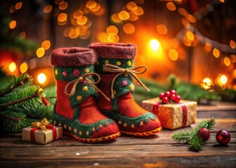 Fototapeta premium Low-light photography showcases these handmade felt Christmas boots; cozy winter décor for a festive home.