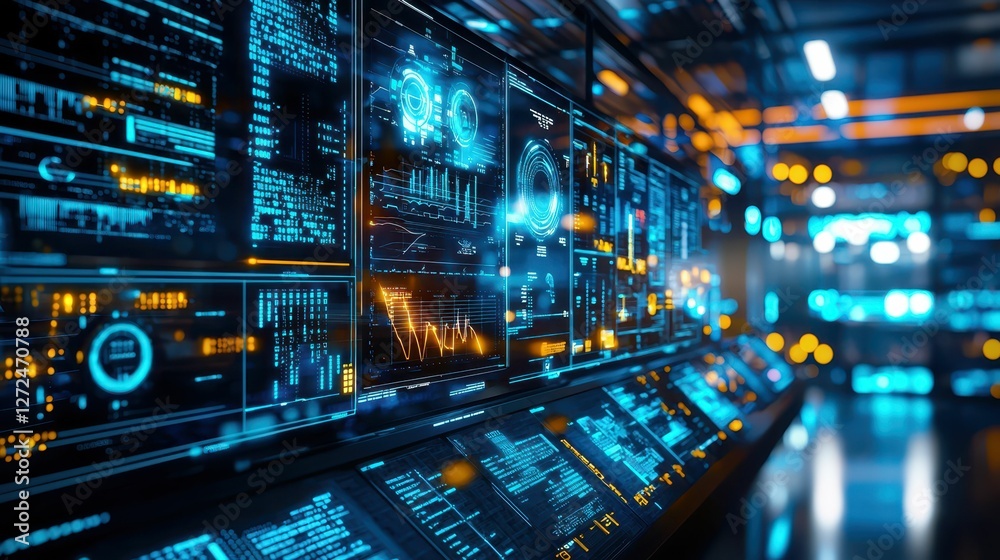 Poster high-tech control room displaying real-time data visualization