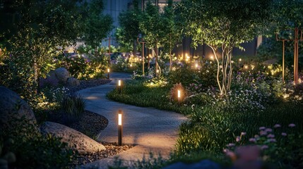 Fototapeta premium Tranquil Twilight Garden Pathway with Soft Illuminations