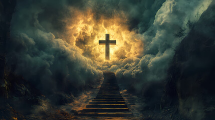 Staircase ascends towards radiant cross, emerging from cloudy tunnel , photography, ray, clouds. Surreal Glowing Pathways. Illustration