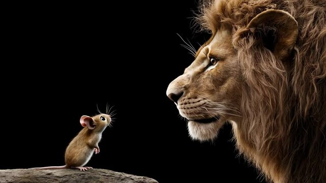 A lion and a mouse engage in a captivating encounter that highlights the vast differences in size and power between the two animals. This unique interaction showcases bravery and curiosity