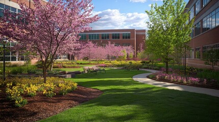 Vibrant Spring Garden in Hospital with Blooming Flowers and Trees