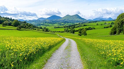 Winding road through vibrant green valley, mountains backdrop, summer day, scenic travel