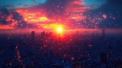 Fototapeta premium Cityscape Sunset Digital particles fall over urban skyline