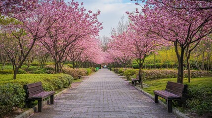 Serene Cherry Blossom Garden Pathway in Springtime Sunshine