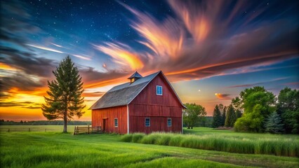 Majestic Red Gable Barn at Sunset - Long Exposure Photography