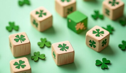 Wooden blocks and green clovers on mint background for decorations