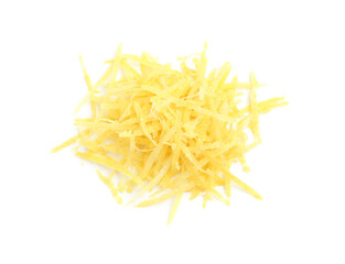 Pile of lemon zest isolated on white, top view