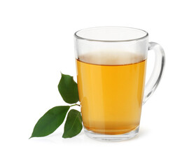 Refreshing green tea in cup and leaves isolated on white