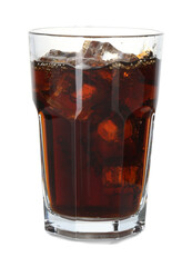 Refreshing cola with ice cubes in glass isolated on white