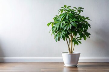 Fototapeta premium Minimalist indoor plant photography showcases an isolated Schefflera compacta, its vibrant green leaves contrasting the white background.