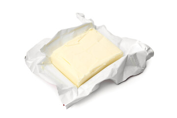 Block of tasty butter in open package isolated on white