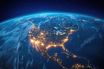Fototapeta premium Stunning night view of North America from space, showcasing city lights and cloud formations. Ideal for illustrating global connectivity, travel, or technology projects.