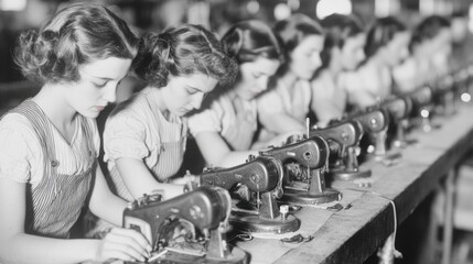 Vintage Black and White Photograph of Female Workers Operating Sewing Machines in a Factory