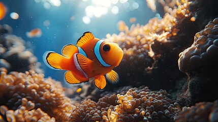 Obraz premium Clownfish swimming coral reef, ocean sunlit backdrop, marine life