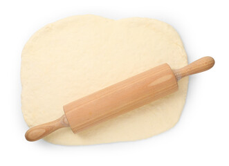 Fresh dough and rolling pin isolated on white, top view