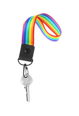 Key with keychain in LGBT colors on white background